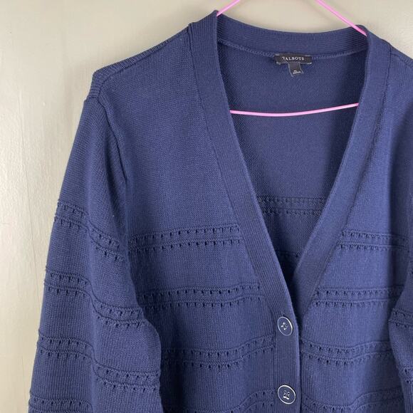 Talbots Navy Blue V-NECK POINTELLE GIRLFRIEND CARDIGAN - Picture 4 of 8